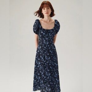 RIHOAS Navy Floral U-Neck Puffed-Sleeve Maxi Dress XS